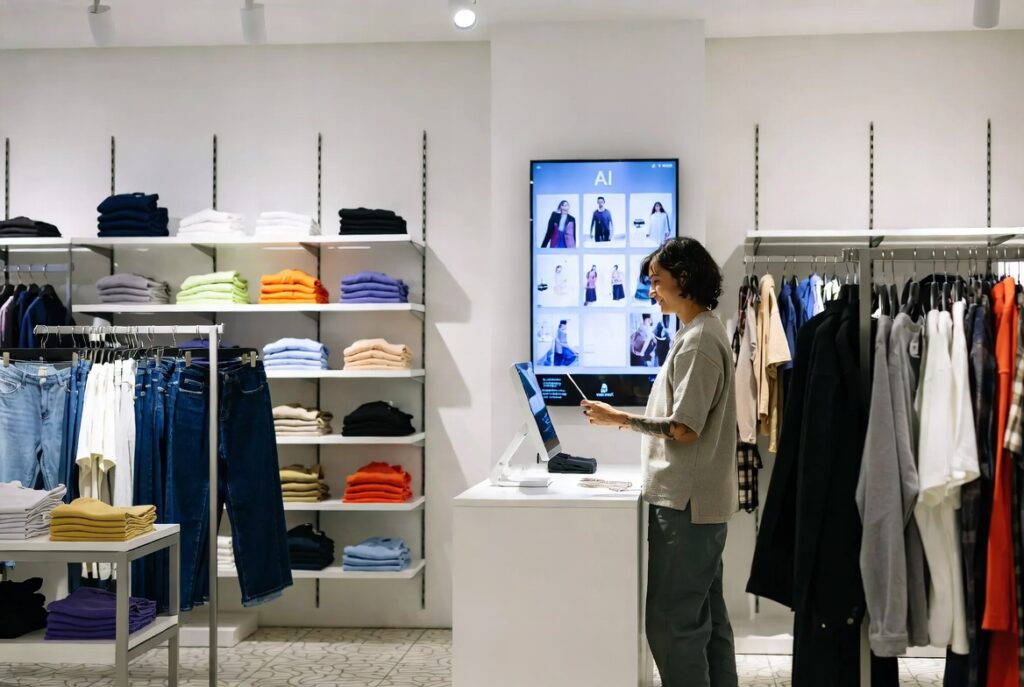 Un vendeur utilisant une tablette dans une boutique de mode équipée d'un écran numérique alimenté par l'IA, qui facilite la prise de décisions en matière de gestion des stocks et de mise en rayon.