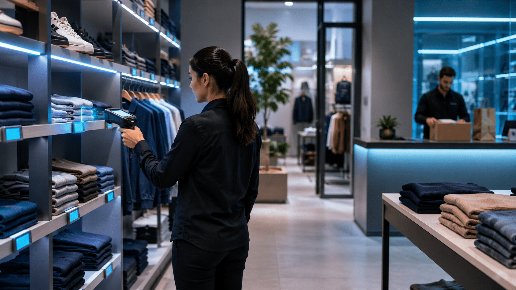 Un vendeur utilisant un scanner portable pour vérifier les stocks dans un magasin de vêtements moderne, avec des vêtements soigneusement pliés, des étiquettes électroniques sur les rayons et un comptoir de retrait en arrière-plan.
