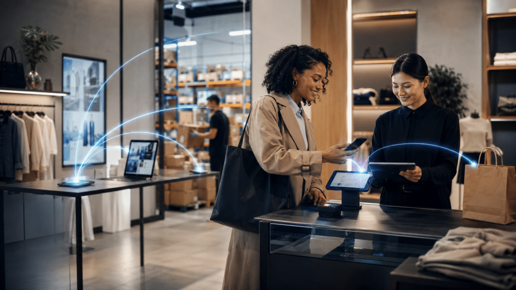 Un client effectuant un paiement sécurisé en mode omnicanal, grâce à l'intégration des systèmes du magasin et de la logistique.