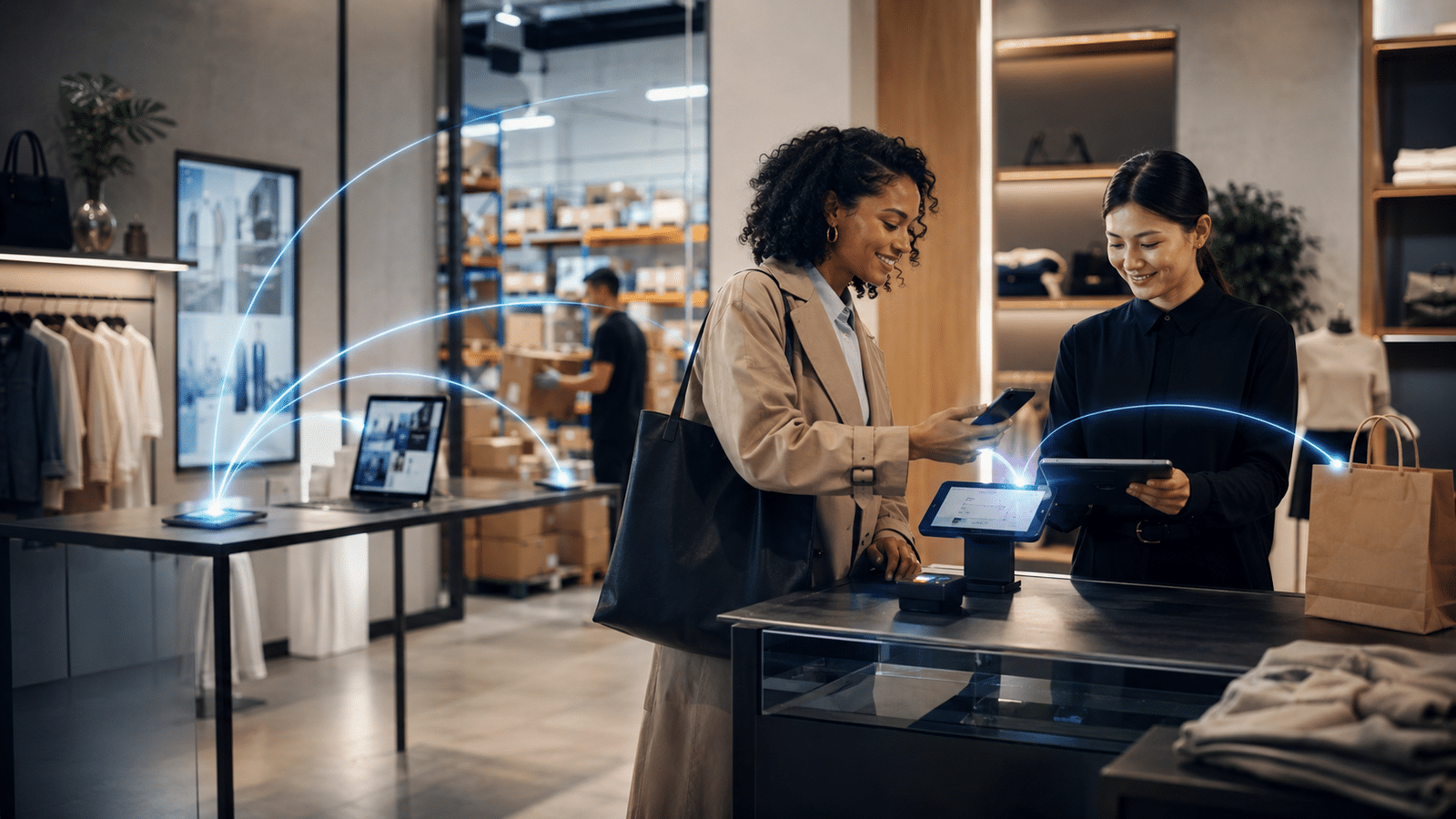 Un client effectuant un paiement sécurisé en mode omnicanal, grâce à l'intégration des systèmes du magasin et de la logistique.