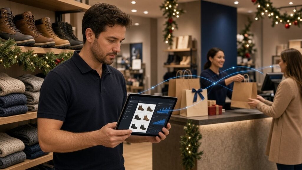 Un vendeur vérifie les stocks pour les fêtes sur une tablette, près d'un comptoir de retrait omnicanal