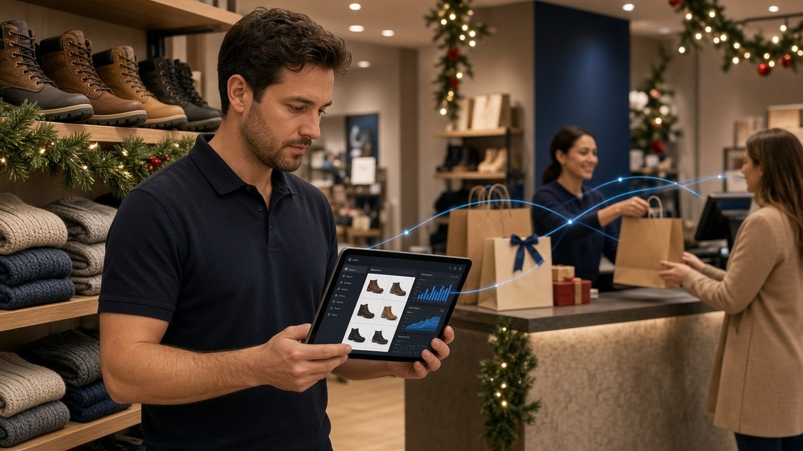 Store associate checking holiday inventory on a tablet near an omnichannel pickup counter