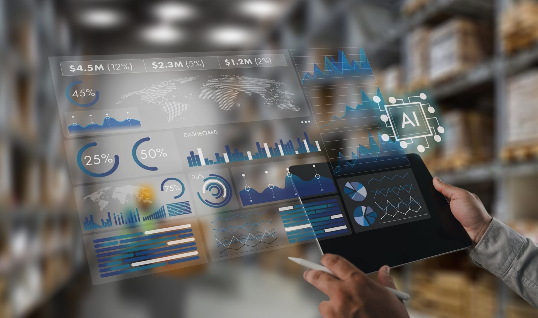 Retail analytics dashboard on a tablet in a warehouse aisle