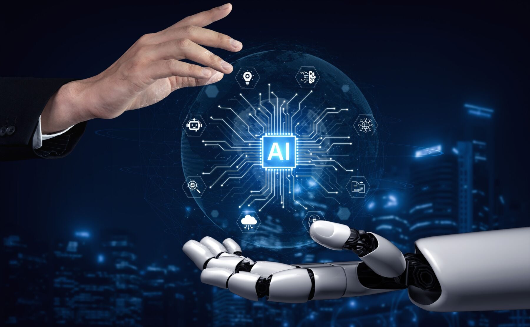 Robotic and human hands meeting around a glowing AI chip