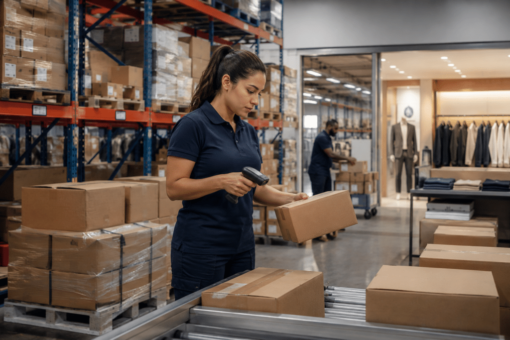 Associé d'un magasin de détail scannant une boîte dans un entrepôt connecté à l'arrière-boutique d'un magasin de détail, illustrant la réception des stocks, l'entrée en stock et l'exécution de l'entrepôt.