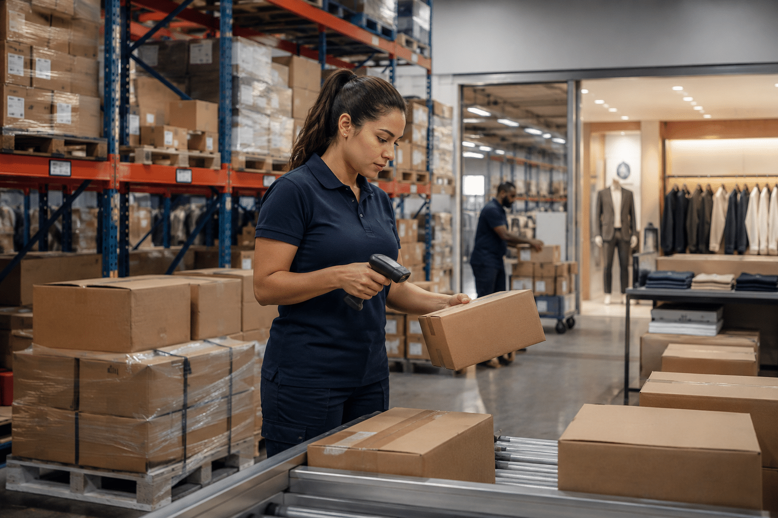 Associé d'un magasin de détail scannant une boîte dans un entrepôt connecté à l'arrière-boutique d'un magasin de détail, illustrant la réception des stocks, l'entrée en stock et l'exécution de l'entrepôt.